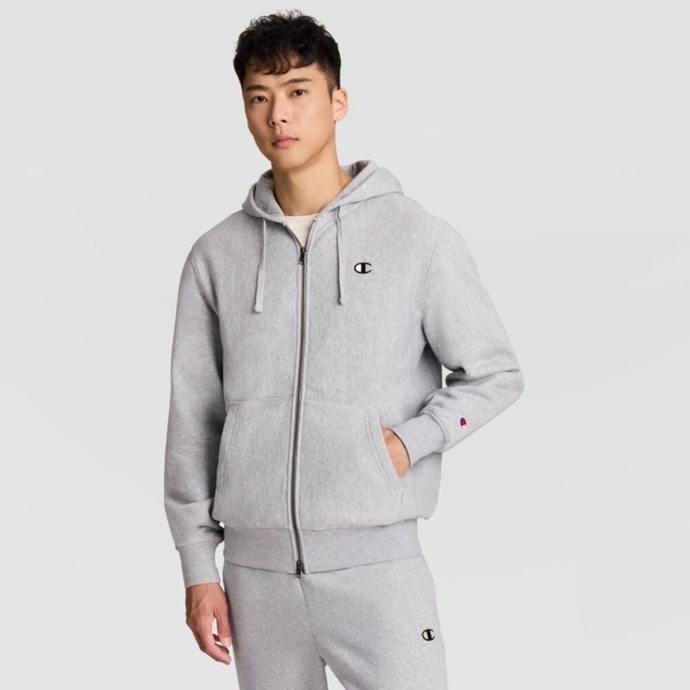 Adult Embroidered Full-Zip Fleece Hoodie Sweatshirt - Light Gray XS